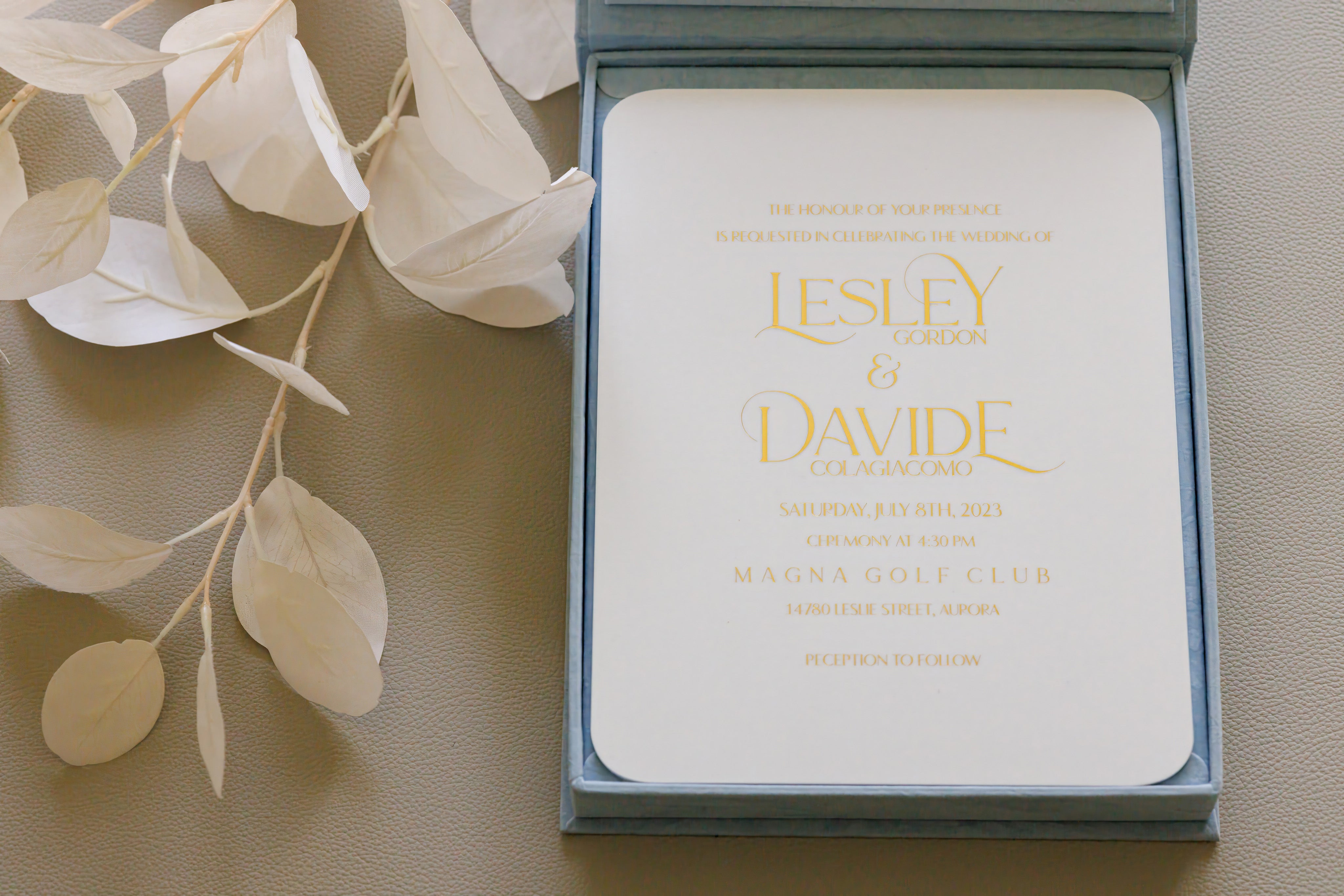 Beautiful luxury wedding invitation that is wrapped in a premium velvet finish with an acrylic plate